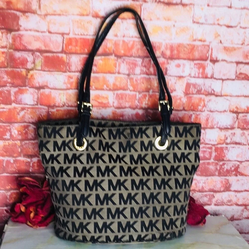 Michael Kors Black and Tan Canvas and LeatherJet Set Signature Logo Tote